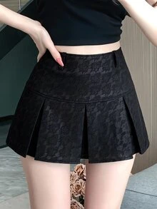 DAZY 秋冬/夏季紋理深色底花卉PU皮革裙，黑色休閒街頭風可愛女款裙，適合婚禮與派對 - 黑色 - 查看 4