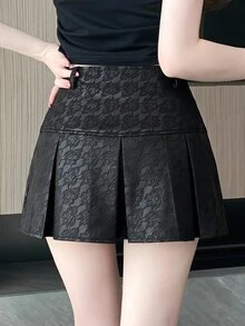 DAZY 秋冬/夏季紋理深色底花卉PU皮革裙，黑色休閒街頭風可愛女款裙，適合婚禮與派對 - 黑色 - 查看 3