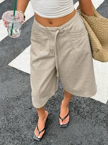 DAZY 夏季復古街頭風設計對比縫線口袋收腰休閒度假直筒寬腿褲女款牛仔短褲 - 卡其色 - 查看 1