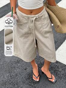 DAZY 夏季復古街頭風設計對比縫線口袋收腰休閒度假直筒寬腿褲女款牛仔短褲 - 卡其色 - 查看 2