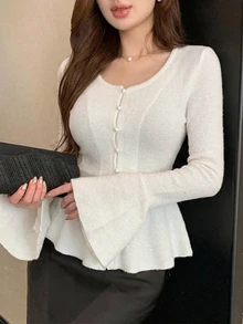 DAZY 女款秋季休閒法式米白色開襟針織衫襯衫，喇叭袖、荷葉邊飾、紋理百褶拼接、修身顯瘦、優雅蕾絲襯衫 - 米色 - 查看 1