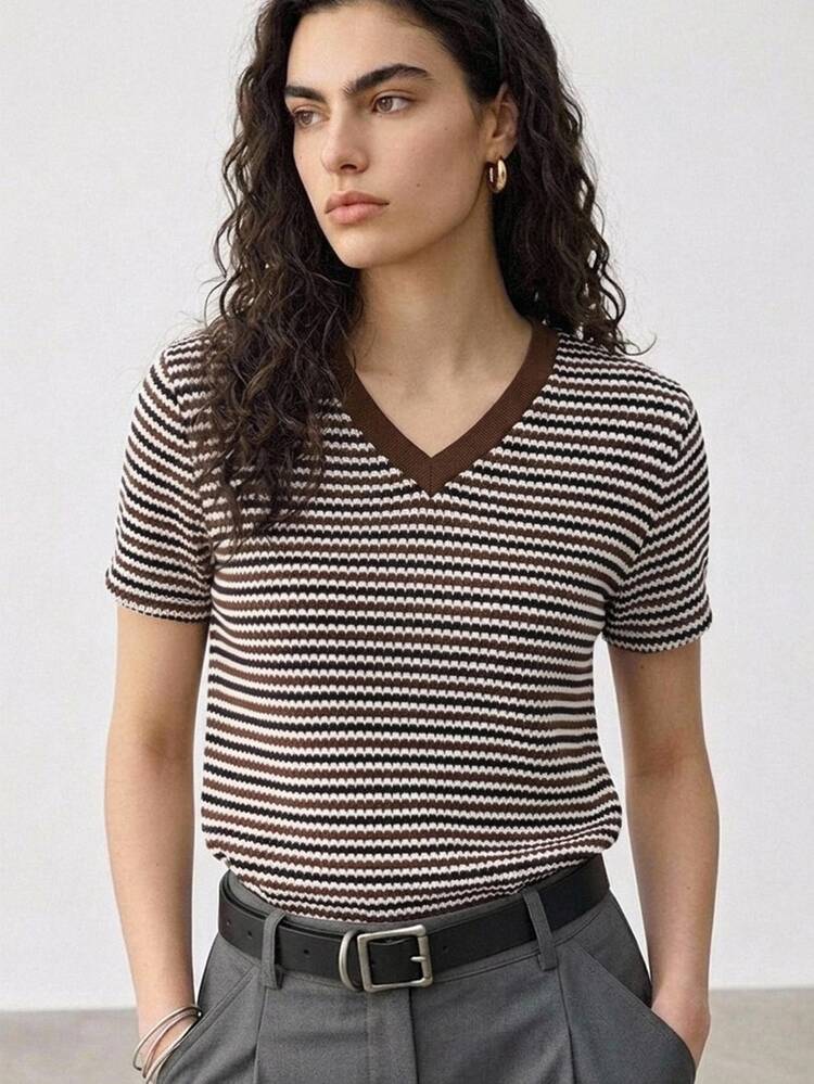 Dazy-Less Women's Summer Brown Striped Colorblock V-Neck Casual Street Commute Office Short Sleeve T-Shirt - Brown - View 8