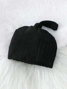 SHEIN Playful Pals Newborn Ribbed Knit Casual Gender Neutral Long Sleeve Jumpsuit With Round Neck And Shoulder Opening, Comes With Adorable Hat Black Autumn - Black - View 6