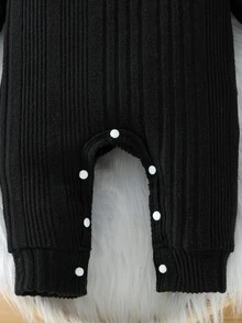 SHEIN Playful Pals Newborn Ribbed Knit Casual Gender Neutral Long Sleeve Jumpsuit With Round Neck And Shoulder Opening, Comes With Adorable Hat Black Autumn - Black - View 5