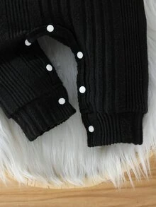 SHEIN Playful Pals Newborn Ribbed Knit Casual Gender Neutral Long Sleeve Jumpsuit With Round Neck And Shoulder Opening, Comes With Adorable Hat Black Autumn - Black - View 7
