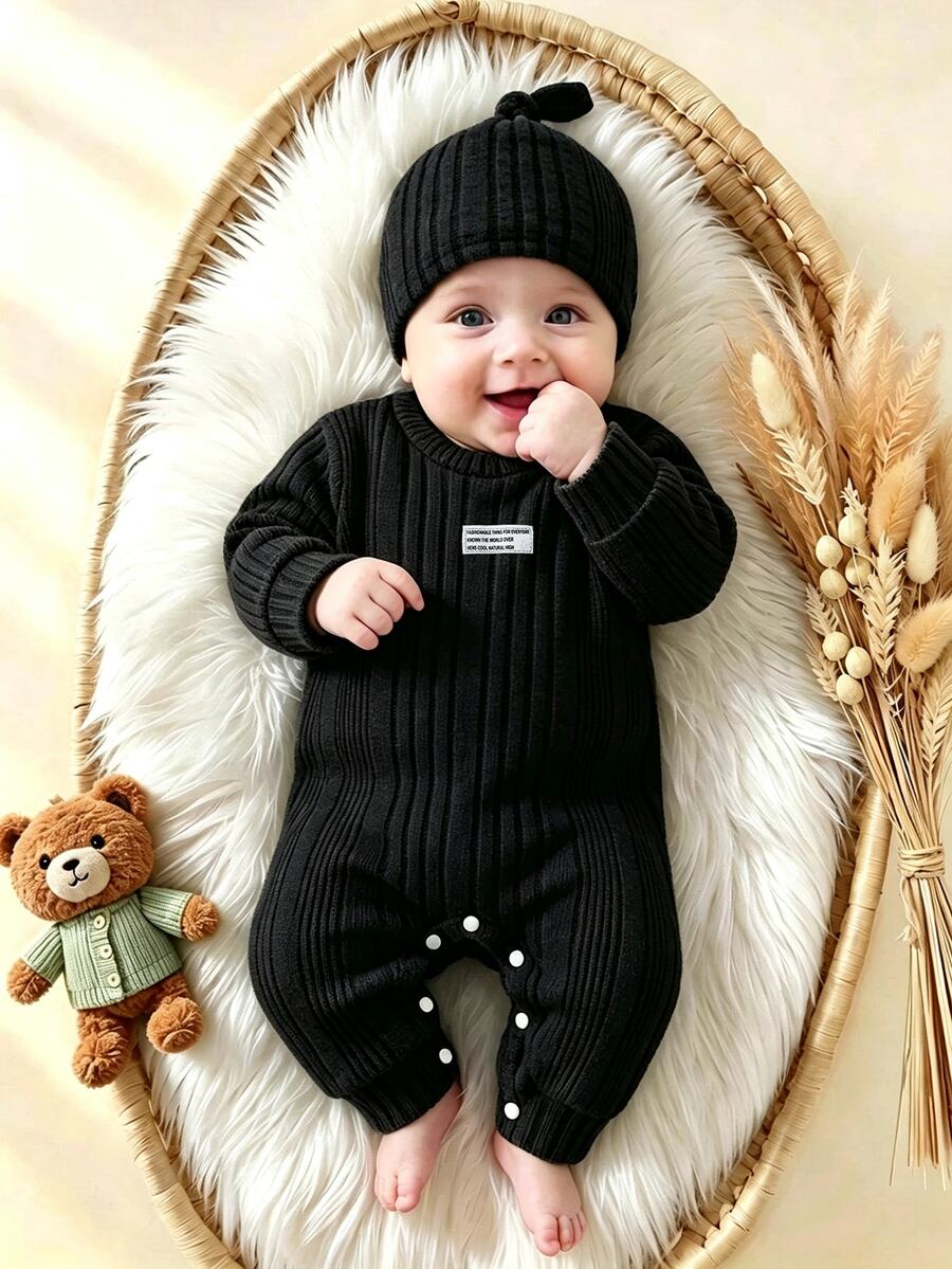SHEIN Playful Pals Newborn Ribbed Knit Casual Gender Neutral Long Sleeve Jumpsuit With Round Neck And Shoulder Opening, Comes With Adorable Hat Black Autumn