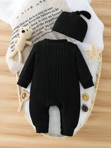 SHEIN Playful Pals Newborn Ribbed Knit Casual Gender Neutral Long Sleeve Jumpsuit With Round Neck And Shoulder Opening, Comes With Adorable Hat Black Autumn - Black - View 3