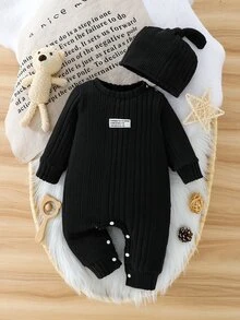 SHEIN Playful Pals Newborn Ribbed Knit Casual Gender Neutral Long Sleeve Jumpsuit With Round Neck And Shoulder Opening, Comes With Adorable Hat Black Autumn - Black - View 4