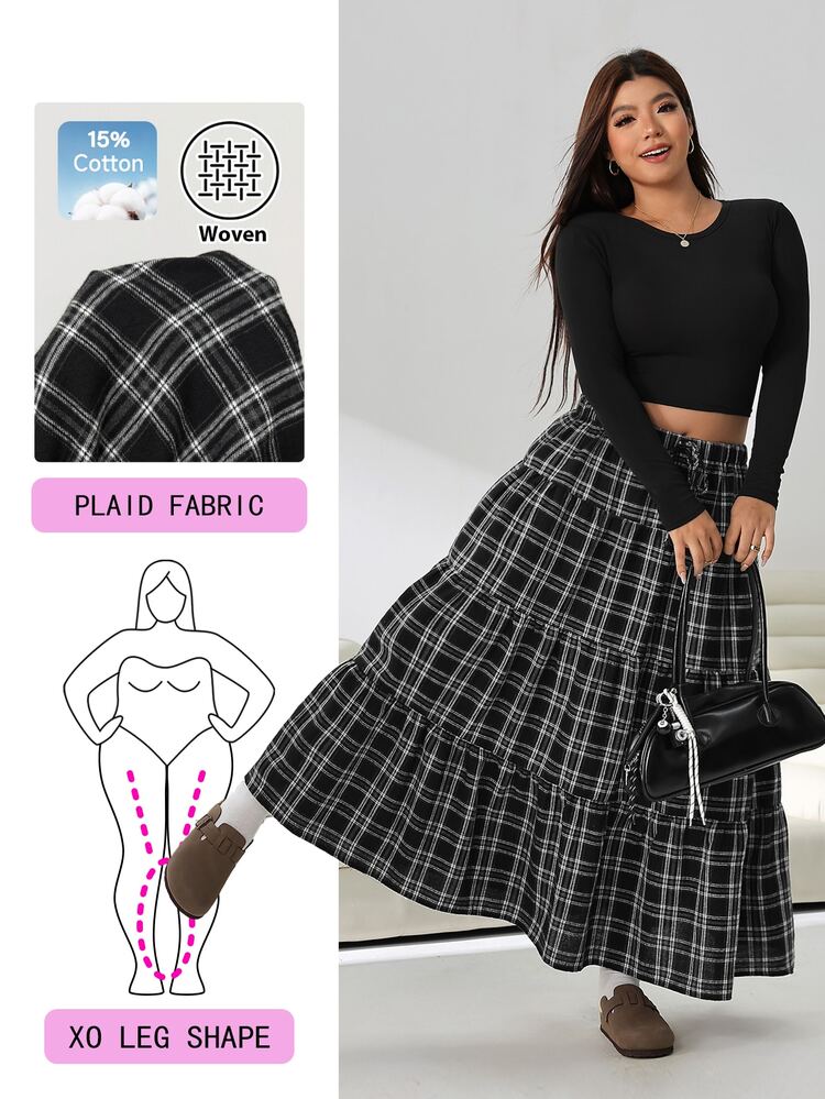 Solflare Plus Size Women Plaid Pleated Casual Soft Form 90s Versatile Daily Wear Formal Skirt Brunch Concert Black And White Autumn Fall Black And White Autumn - Multicolor - View 1