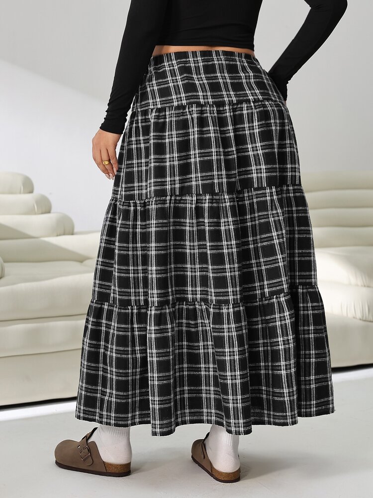 Solflare Plus Size Women Plaid Pleated Casual Soft Form 90s Versatile Daily Wear Formal Skirt Brunch Concert Black And White Autumn Fall Black And White Autumn - Multicolor - View 2
