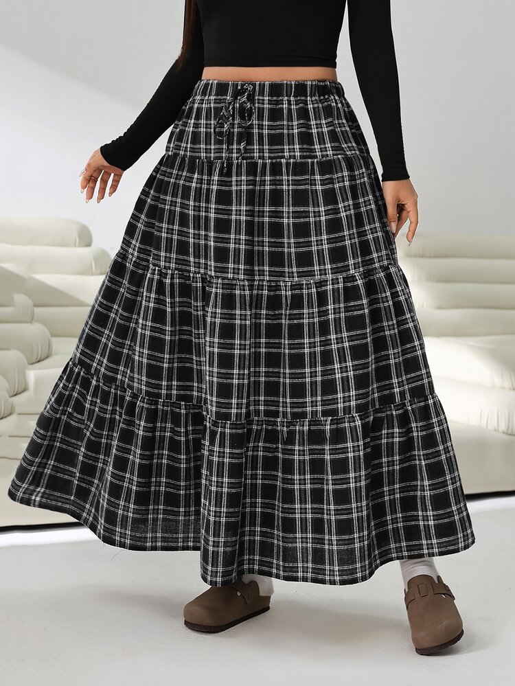 Solflare Plus Size Women Plaid Pleated Casual Soft Form 90s Versatile Daily Wear Formal Skirt Brunch Concert Black And White Autumn Fall Black And White Autumn - Multicolor - View 3