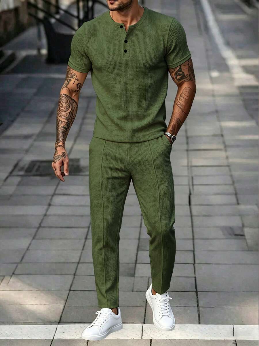 Manfinity Homme 春夏新款休閒戶外男士運動套裝,柔軟舒適面料,可機洗,適合健身、戶外運動與日常休閒穿著,可作為男士生日禮物 - 軍綠色 - 查看 1