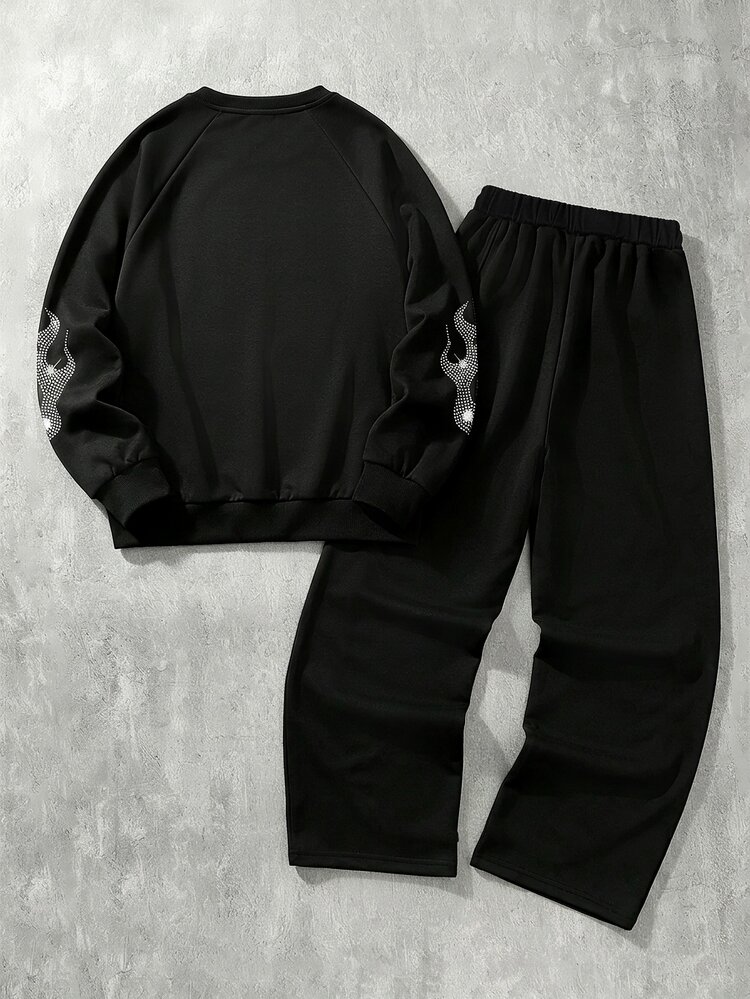 SHEIN Coolqubz 2pcs/Set Teen Boys Casual Streetwear White Contrast Color Striped Design Letter Print Loose Straight Leg Pants & Sweatshirt Set, Suitable For Casual Streetwear - Black - View 2