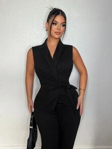 SHEIN SXY Conjunto de Colete e Calça Elegante Casual Fashion para Escritório e Trabalho, Estilo Executivo, Preto, Verão, Dia dos Professores - Castanho - Visão 4