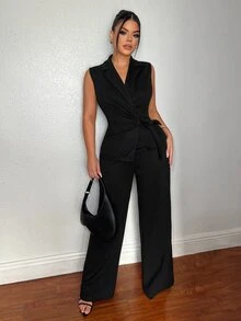 SHEIN SXY Conjunto de Colete e Calça Elegante Casual Fashion para Escritório e Trabalho, Estilo Executivo, Preto, Verão, Dia dos Professores - Castanho - Visão 5