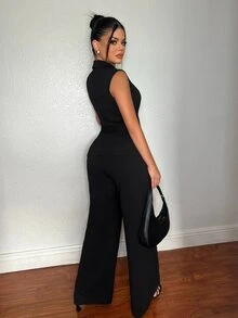 SHEIN SXY Conjunto de Colete e Calça Elegante Casual Fashion para Escritório e Trabalho, Estilo Executivo, Preto, Verão, Dia dos Professores - Castanho - Visão 2