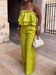 CHARMVALE Summer Fashion Women's Yellow-Green Spaghetti Strap Tank Top Loose Sexy Top & Pants Set, Suitable For Vacation, Party, Evening Event - Green - View 4