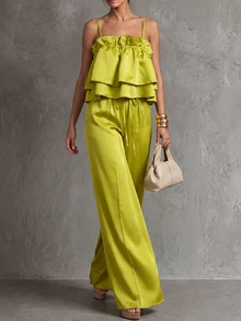 CHARMVALE Summer Fashion Women's Yellow-Green Spaghetti Strap Tank Top Loose Sexy Top & Pants Set, Suitable For Vacation, Party, Evening Event - Green - View 5