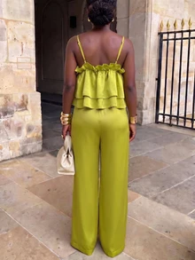 CHARMVALE Summer Fashion Women's Yellow-Green Spaghetti Strap Tank Top Loose Sexy Top & Pants Set, Suitable For Vacation, Party, Evening Event - Green - View 2