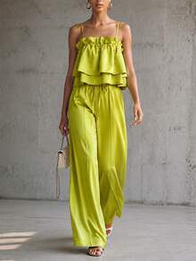 CHARMVALE Summer Fashion Women's Yellow-Green Spaghetti Strap Tank Top Loose Sexy Top & Pants Set, Suitable For Vacation, Party, Evening Event - Green - View 3