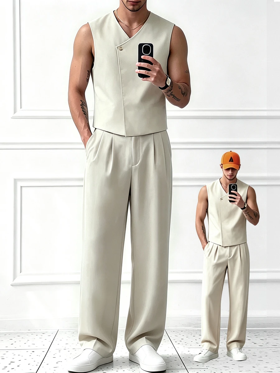 Manfinity Homme Men's Khaki Casual Mature Style Vest & Wide Leg Dress Pants 2-Piece Set - Khaki - View 1