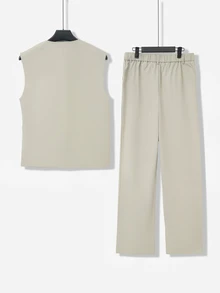 Manfinity Homme Men's Khaki Casual Mature Style Vest & Wide Leg Dress Pants 2-Piece Set - Khaki - View 2