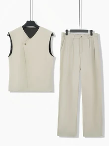 Manfinity Homme Men's Khaki Casual Mature Style Vest & Wide Leg Dress Pants 2-Piece Set - Khaki - View 3