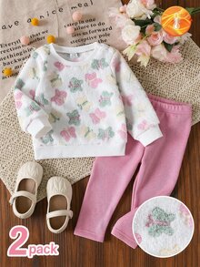 SHEIN Playful Pals 2件組幼女可愛甜美粉白蝴蝶毛絨長袖圓領加厚衛衣褲套裝，生日派對秋季萬聖節聖誕絨毛款 - 粉色 - 查看 2
