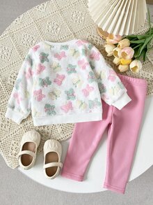 SHEIN Playful Pals 2件組幼女可愛甜美粉白蝴蝶毛絨長袖圓領加厚衛衣褲套裝，生日派對秋季萬聖節聖誕絨毛款 - 粉色 - 查看 3