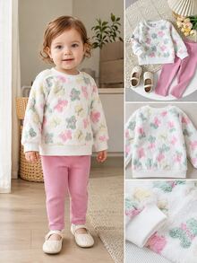 SHEIN Playful Pals 2件組幼女可愛甜美粉白蝴蝶毛絨長袖圓領加厚衛衣褲套裝，生日派對秋季萬聖節聖誕絨毛款 - 粉色 - 查看 10