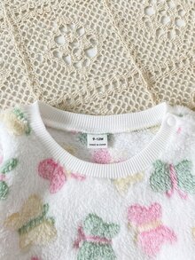 SHEIN Playful Pals 2件組幼女可愛甜美粉白蝴蝶毛絨長袖圓領加厚衛衣褲套裝，生日派對秋季萬聖節聖誕絨毛款 - 粉色 - 查看 4