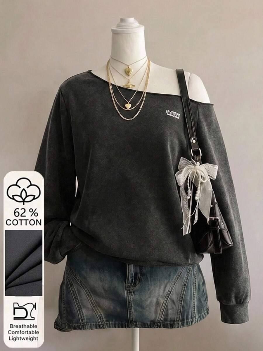 SHEIN Teen Girl Teen Girls Sweatshirts Asymmetrical Shoulder Snowflake Long Sleeve - Dark Grey - View 1