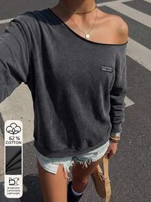 SHEIN Sweatshirt Remaja Perempuan dengan Bahu Asimetris dan Motif Kepingan Salju Lengan Panjang - Dark Grey - View 1