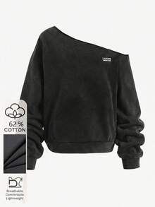 SHEIN Sweatshirt Remaja Perempuan dengan Bahu Asimetris dan Motif Kepingan Salju Lengan Panjang - Dark Grey - View 3