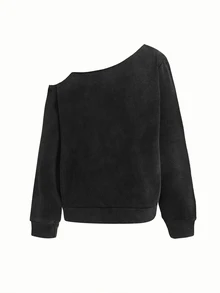 SHEIN Sweatshirt Remaja Perempuan dengan Bahu Asimetris dan Motif Kepingan Salju Lengan Panjang - Dark Grey - View 4