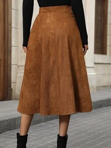 Medorina Suede Ruffle Hem Large Swing Fall Skirts Peplum Skirt - Bronze - View 2