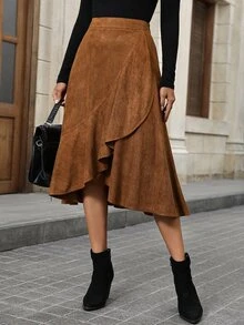 Medorina Suede Ruffle Hem Large Swing Fall Skirts Peplum Skirt - Bronze - View 3