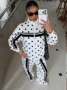 Muchica Fall New Polka Dot Color Block Striped Set Casual Minimalist Sports Top And Long Pants Set, Travel White And Black Polka Dot - Multicolor - View 3