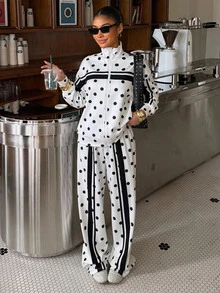 Muchica Fall New Polka Dot Color Block Striped Set Casual Minimalist Sports Top And Long Pants Set, Travel White And Black Polka Dot - Multicolor - View 4