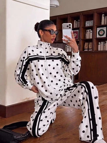 Muchica Fall New Polka Dot Color Block Striped Set Casual Minimalist Sports Top And Long Pants Set, Travel White And Black Polka Dot - Multicolor - View 6