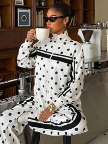 Muchica Fall New Polka Dot Color Block Striped Set Casual Minimalist Sports Top And Long Pants Set, Travel White And Black Polka Dot - Multicolor - View 5