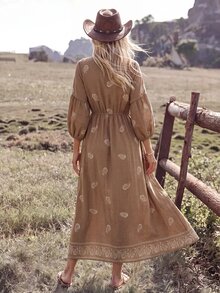 Wildy BOHO 波希米亞休閒西式鄉村遊牧風女款秋冬日常基礎穿搭佩斯利中長洋裝度假米色 - 棕色 - 查看 3