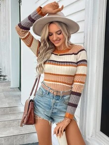 SHEIN LUNE 秋冬条纹罗纹针织毛衣、长袖上衣 - 彩色 - 查看 8