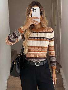 SHEIN LUNE 秋冬条纹罗纹针织毛衣、长袖上衣 - 彩色 - 查看 9