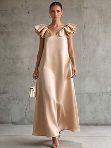 CHARMVALE Women's Solid Color Glossy Textured Party Dress - Champagne - View 1