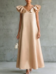 CHARMVALE Women's Solid Color Glossy Textured Party Dress - Champagne - View 3