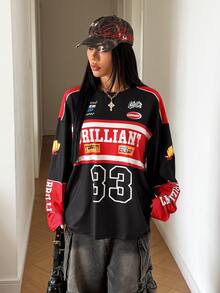 StreetHx Women's Spring/Autumn Y2K Millennium Hot Girl Racing Print Long Sleeve T-Shirt Multi-Color Contrast Loose Fit Cropped Streetwear Base Top Day Time - Red and Black - View 4