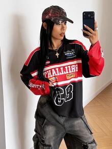StreetHx Women's Spring/Autumn Y2K Millennium Hot Girl Racing Print Long Sleeve T-Shirt Multi-Color Contrast Loose Fit Cropped Streetwear Base Top Day Time - Red and Black - View 3