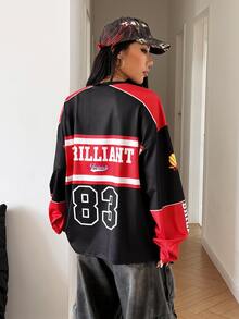 StreetHx Women's Spring/Autumn Y2K Millennium Hot Girl Racing Print Long Sleeve T-Shirt Multi-Color Contrast Loose Fit Cropped Streetwear Base Top Day Time - Red and Black - View 2