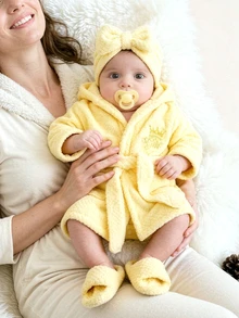 SHEIN 3pcs Newborn Baby Girls Photo Prop Outfit Cute Sweet Yellow Bow Crown Embroidery Fuzzy Long Sleeve Hooded Thick Birthday Autumn Katseye Princess Bebe - Yellow - View 3